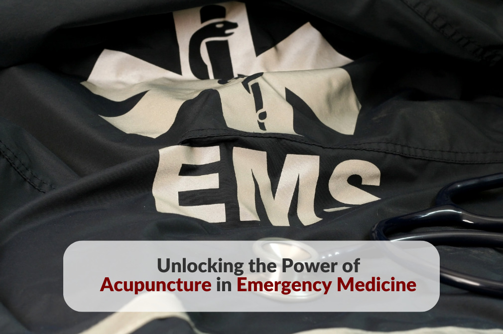 EMS work jacket with the article title "Unlocking Acupuncture's Role in Emergency Medicine" superimposed on it.