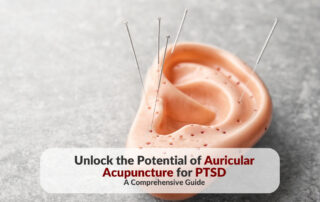 Auricular acupuncture training ear model with needles inserted at specific points, placed on a grey surface, superimposed with the article title 'Unlocking the Potential of Auricular Acupuncture for PTSD Treatment.'