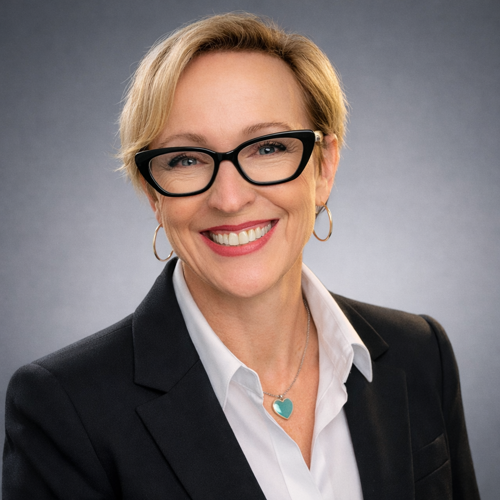 Headshot of Dr. Ac. Tammy Lalonde, CEO, wearing a black blazer, white collared shirt, and turquoise heart necklace against a soft gray studio background.