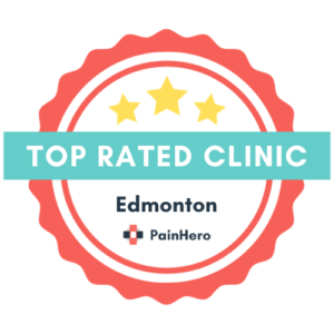 Top Rated Clinic Edmonton badge with three stars, awarded by PainHero
