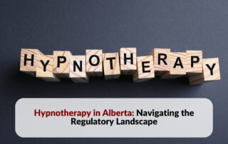 Image depicting the article on hypnotherapy in Alberta, with text superimposed on a blue textured background and wooden blocks spelling 'Hypnotherapy.