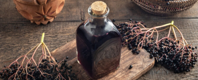 Elderberry vinaigrette in a glass bottle with a cork stopper, placed on a wooden cutting board on a wooden table, surrounded by elderberries