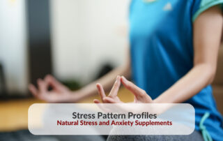 Woman in Lotus Pose with superimposed text 'Stress Pattern Profiles and Natural Stress and Anxiety Supplements