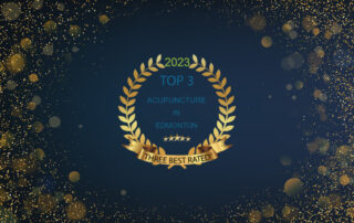 Award emblem for Top 3 Acupuncture Clinic in Edmonton on a blue background with golden circles