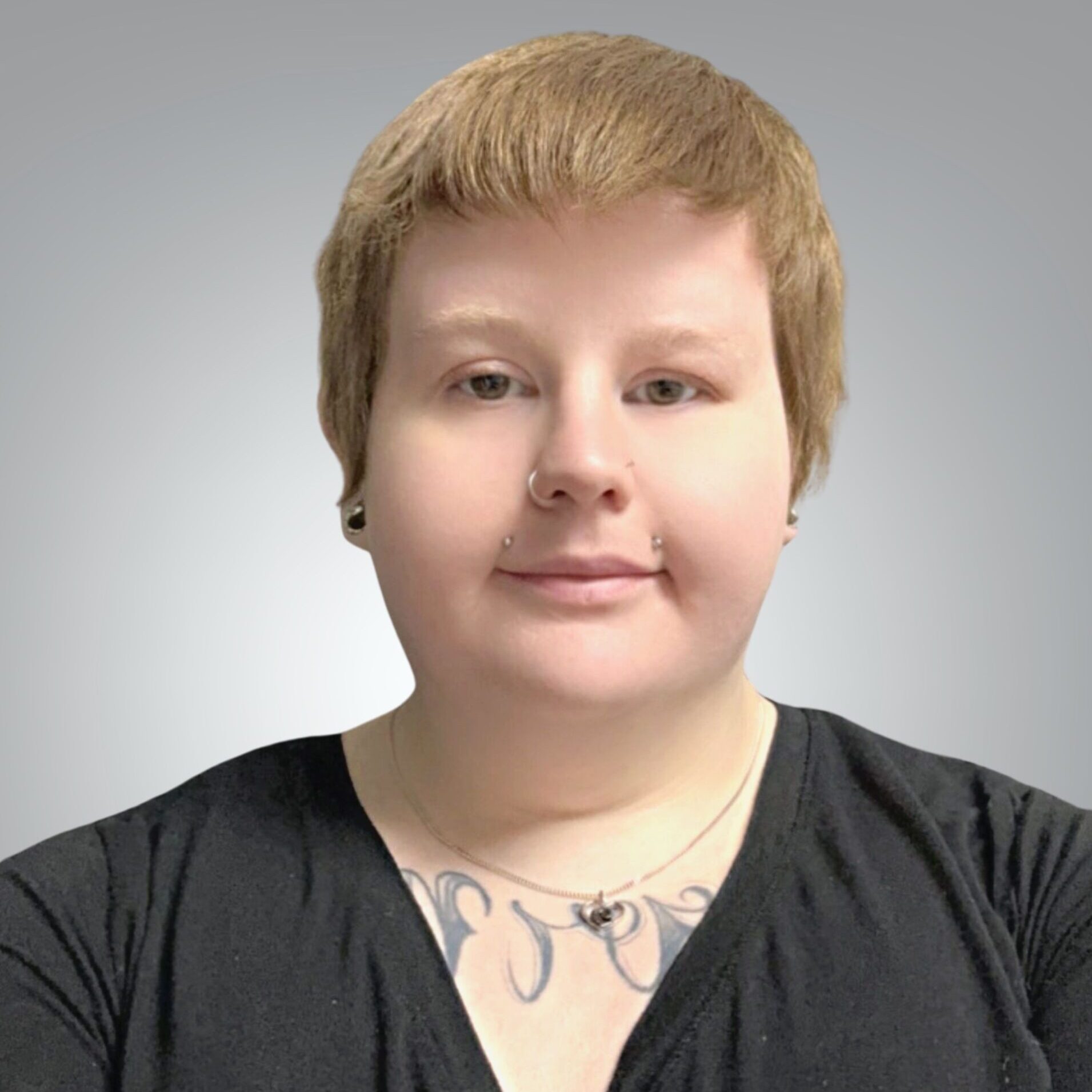 Professional headshot of a RMT and Manual Osteopath with short blonde hair, right nostril piercing, in a black V-neck top, displaying a calm and neutral expression, set against a light grey backdrop.