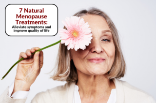 A smiling older woman holding a pink flower over one eye, symbolizing natural menopause treatments that alleviate symptoms and improve quality of life.