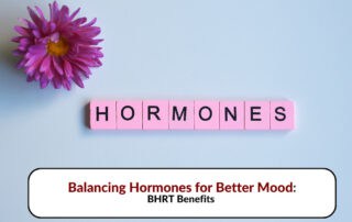 Blog graphic with pink Scrabble tiles spelling HORMONES and a flower for BHRT mood benefits at Red Leaf Wellness