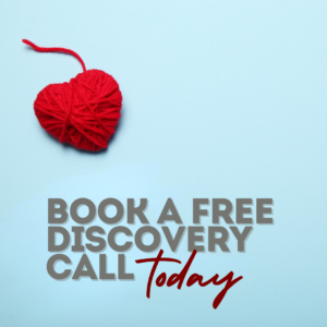 Red yarn shaped into a heart with the text 'Book a Free Discovery Call Today' on a light blue background.