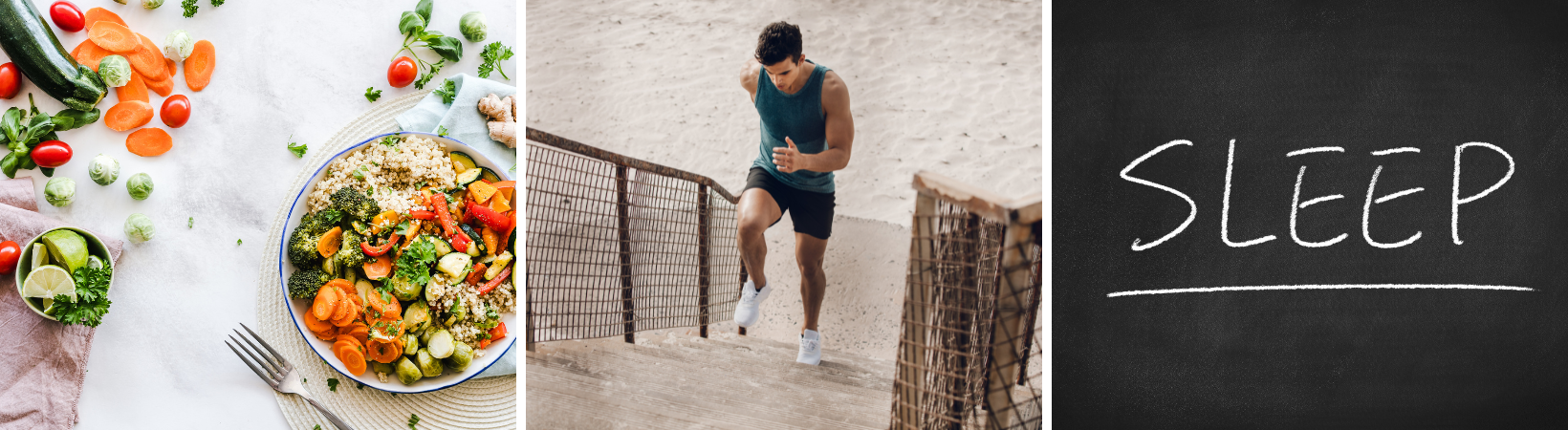 Healthy meal, man exercising, and the word 'Sleep' on a chalkboard, highlighting lifestyle factors that support TRT.