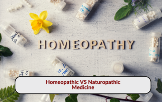 Homeopathic remedy bottles, flower, and herbs surrounding the word 'Homeopathy,' representing homeopathic vs naturopathic medicine.