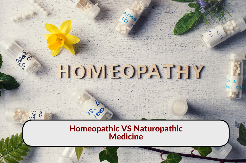 Homeopathic remedy bottles, flower, and herbs surrounding the word 'Homeopathy,' representing homeopathic vs naturopathic medicine.