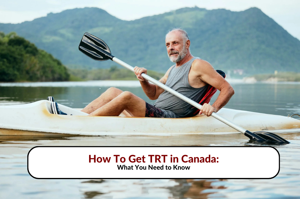 Older man kayaking on a lake, representing the benefits of TRT in Canada.