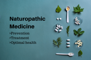 Natural supplements, herbs, and pills with the text 'Naturopathic Medicine: Prevention, Treatment, Optimal Health,' symbolizing naturopathic medicine's holistic approach.