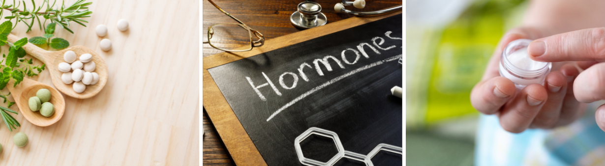 A collage of three images: herbal supplements on wooden spoons, a chalkboard with the word 'Hormones', and a person applying cream.