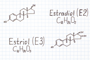 Hand-drawn chemical structures of Estradiol (E2) and Estriol (E3) on graph paper, representing key hormones in HRT.