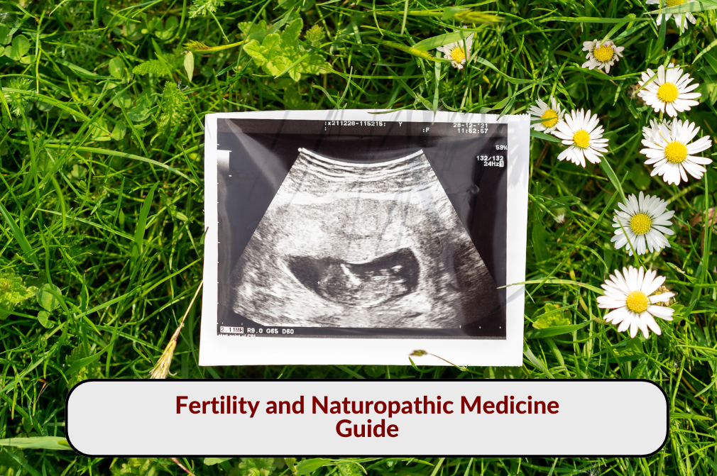 Ultrasound image on grass with flowers, representing fertility and the role of naturopathic medicine in reproductive health.