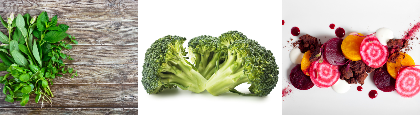 Fresh herbs, broccoli, and colorful beets on a wooden background