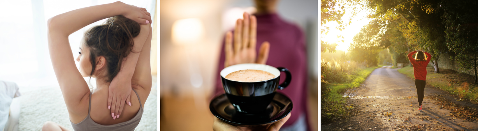 Woman stretching, a hand stopping a coffee cup, and a person walking outdoor