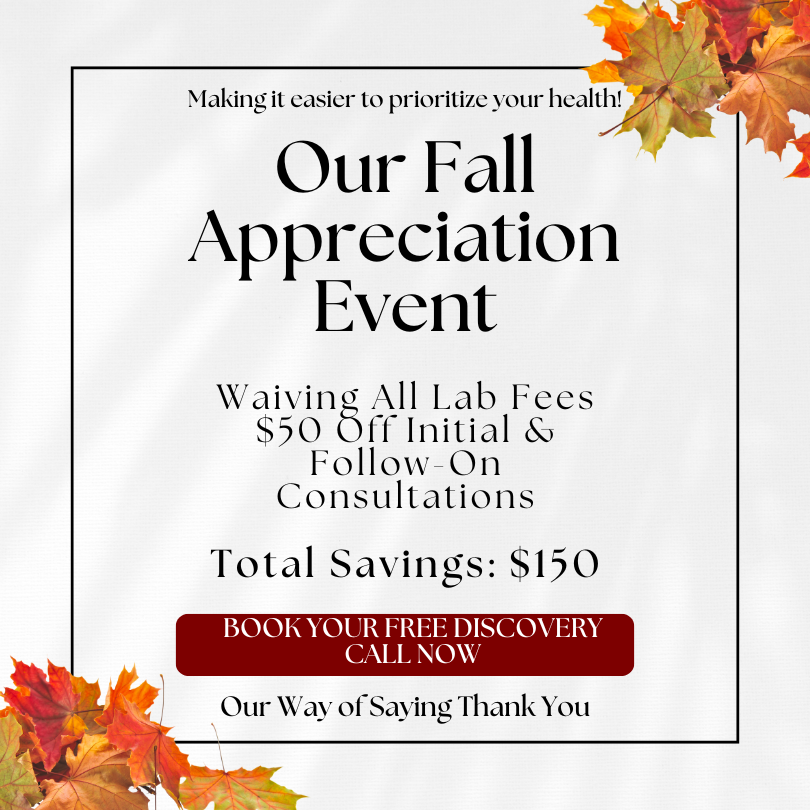 Fall Appreciation Event promotion offering waived lab fees and $50 off initial and follow-on consultations, with a total savings of $150. Includes a red 'Book Your Free Discovery Call Now' button and autumn leaves in the corners.