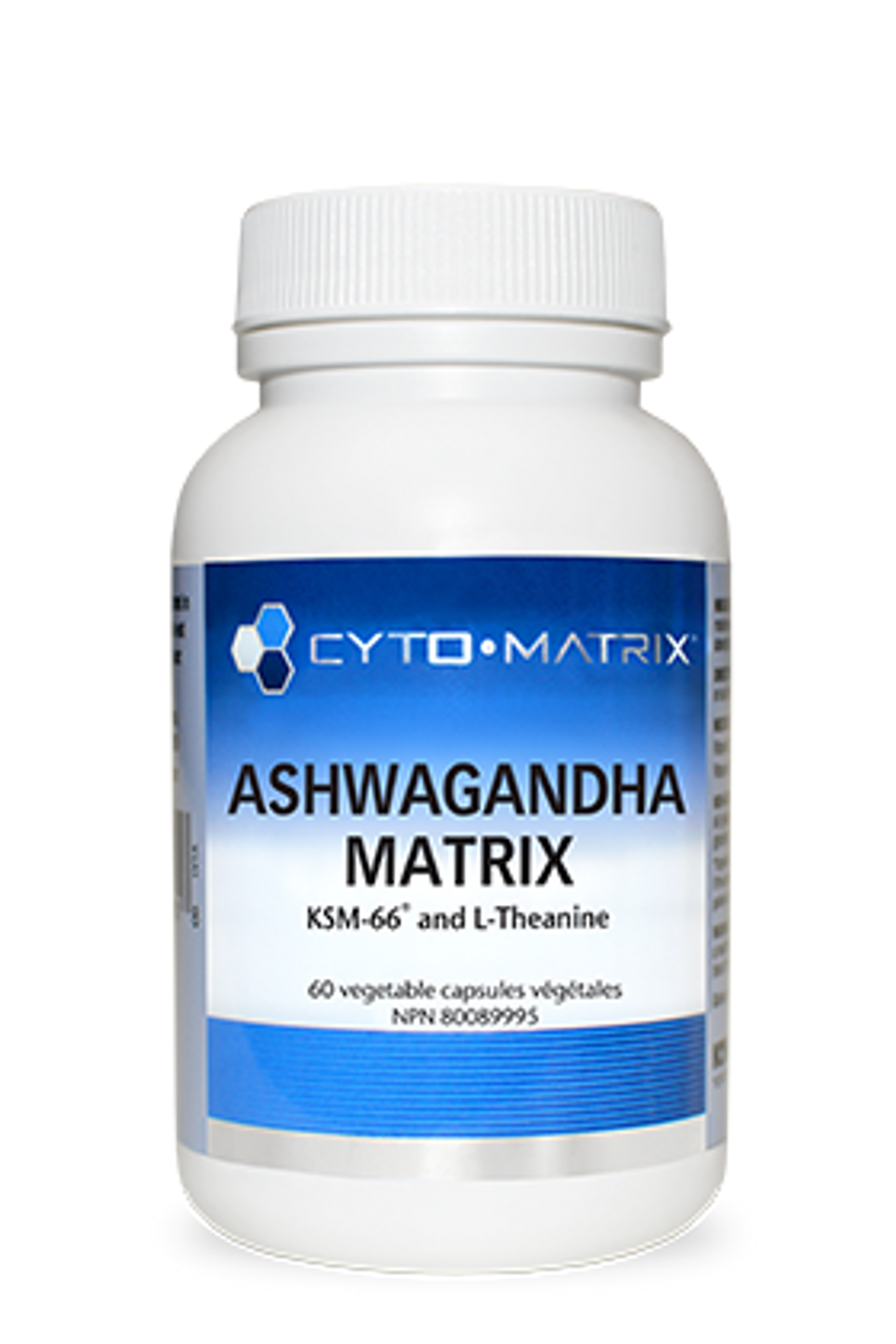 Cyto-Matrix Ashwagandha Matrix, a bottle of 60 vegetable capsules with KSM-66 and L-Theanine for stress relief and relaxation