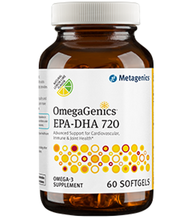 Metagenics OmegaGenics EPA-DHA 720, an omega-3 supplement with 60 softgels for cardiovascular, immune, and joint health