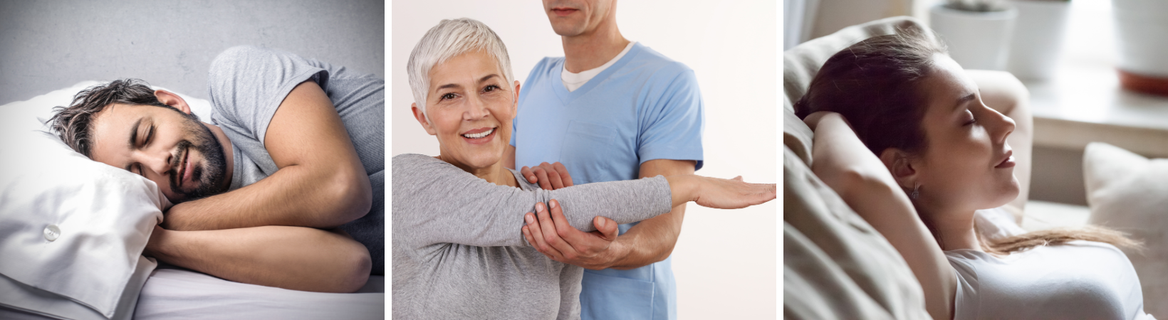 Man sleeping soundly, older woman receiving physical therapy, and relaxed woman reclining, symbolizing wellness through sleep and recovery