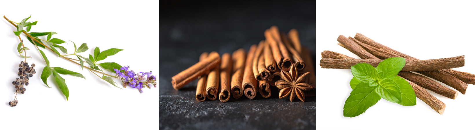 Vitex plant, cinnamon sticks, and licorice root, representing natural remedies for PCOS management.