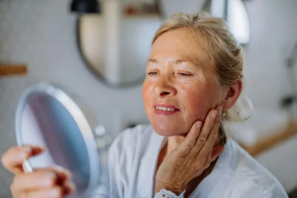 a woman looking at the mirror happy there are no hormonal acne on her face