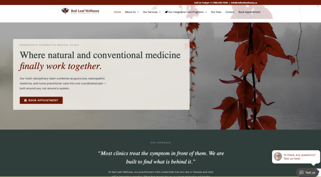 Red Leaf Wellness homepage - Edmonton integrative medical clinic combining acupuncture, naturopathic medicine, and nurse practitioner care