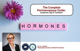 Perimenopause guide blog graphic with Scrabble tiles spelling HORMONES and Dr. Lalonde headshot at Red Leaf Wellness
