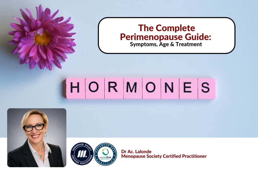 Perimenopause guide blog graphic with Scrabble tiles spelling HORMONES and Dr. Lalonde headshot at Red Leaf Wellness