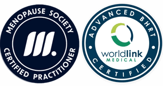 Menopause Society Certified Practitioner and Worldlink Medical Advanced BHRT Certified badges