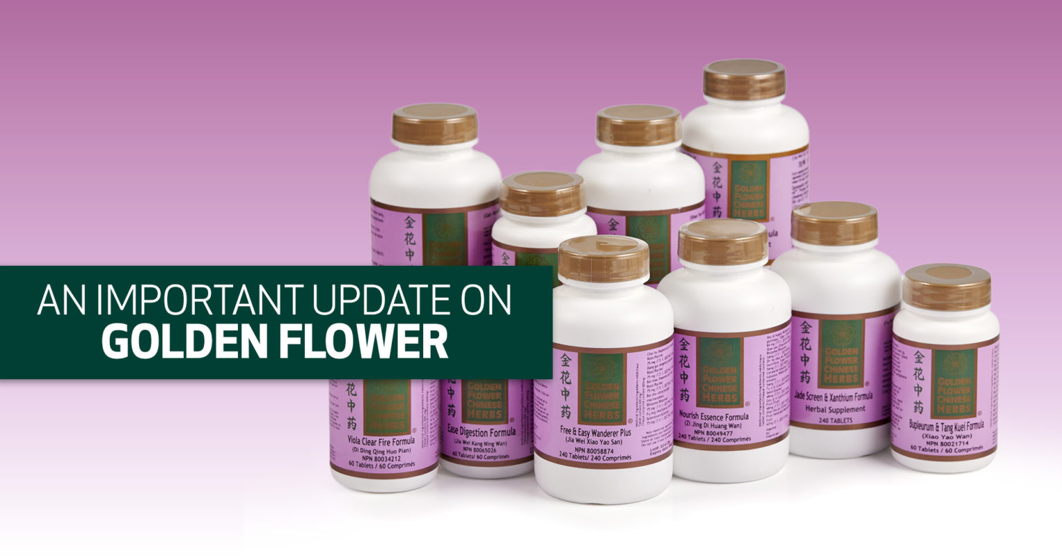 Golden Flower Chinese Herbs tablet bottles, overlaid with the words An Important Update On Golden Flower