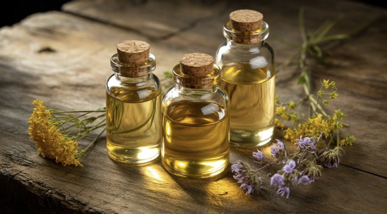 Three small glass bottles of essential oil with lavender and yellow wildflower sprigs on a weathered wooden surface